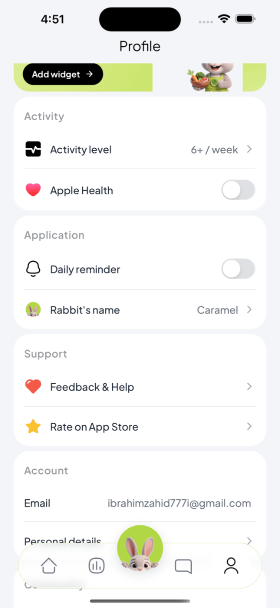 Calybite profile & widgets screen